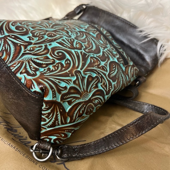 Patricia Nash Crossbody Bag Tooled Turquoise Stipes Sling backpack - Picture 7 of 11